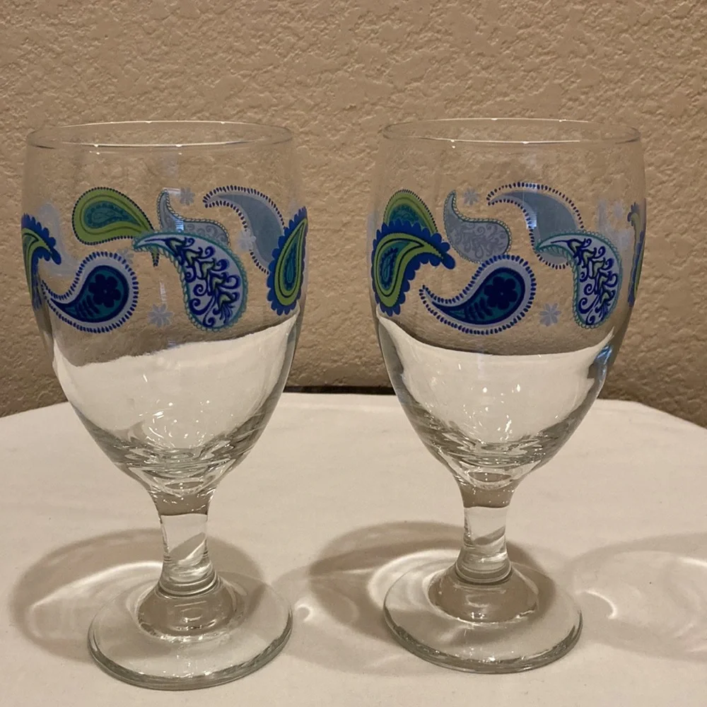 Set of 2 Libbey Paisley Wine Water Goblets Glasses Blue and Green Design 14oz